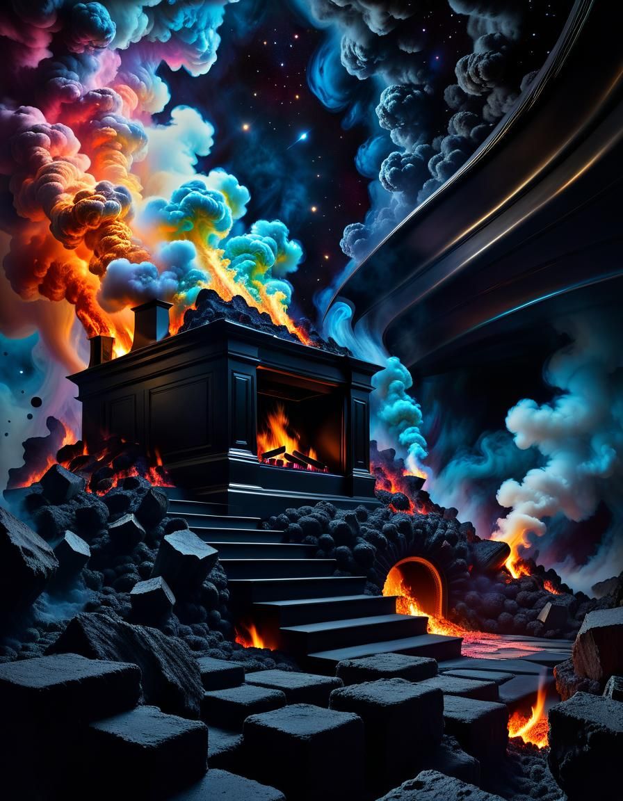 Surreal Fireplace with Cosmic Horror Faces