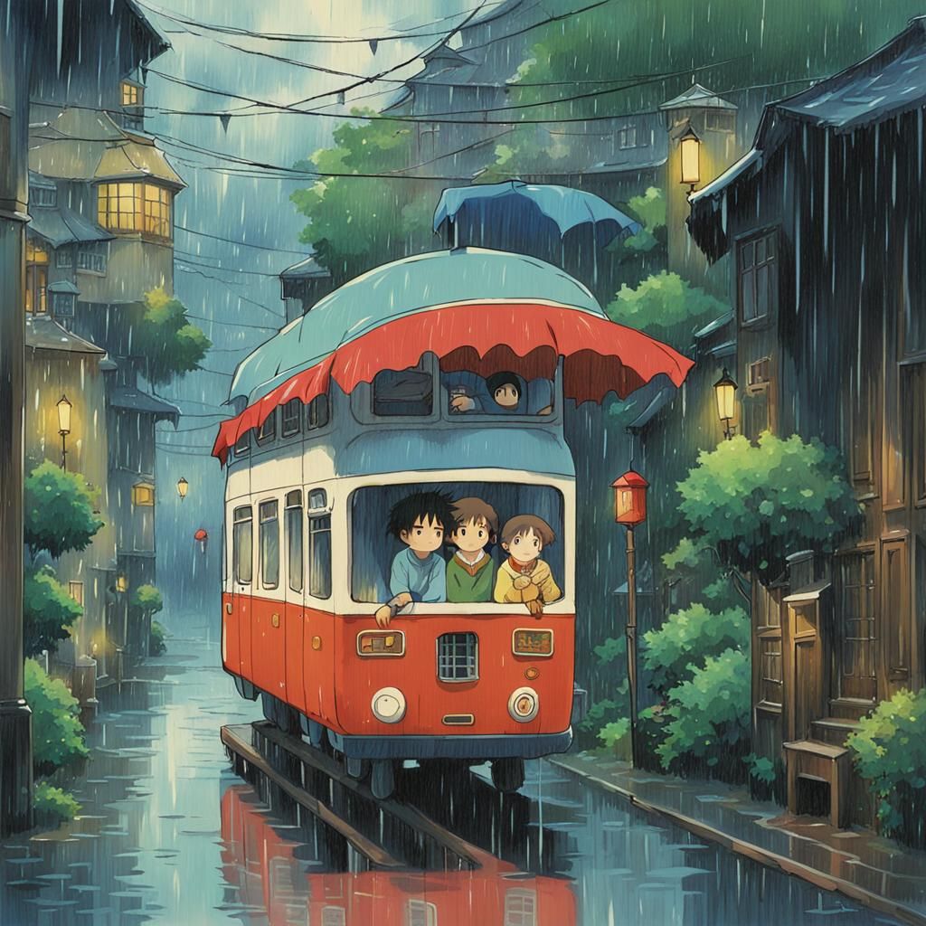 Studio Ghibli Style Rainy Day Scene