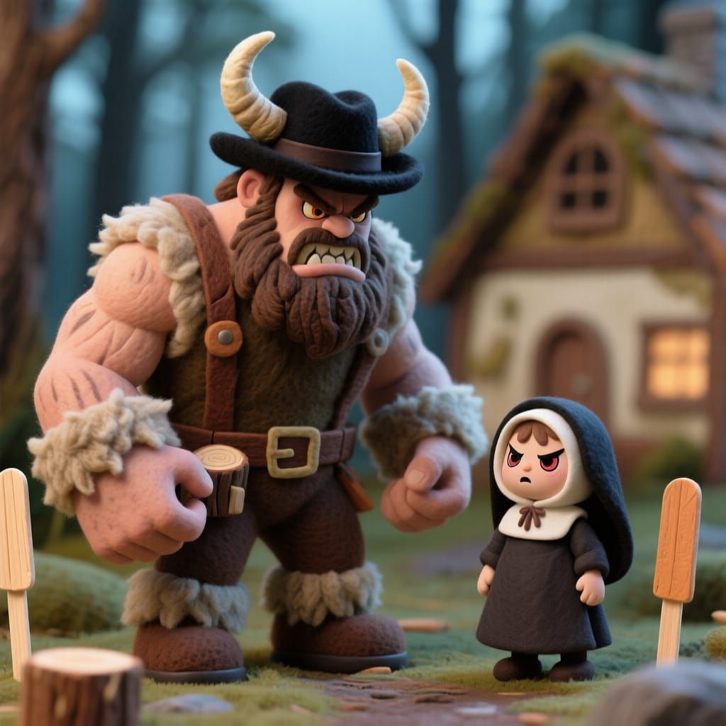 Fierce Giant Lumberjack and Little Person, Painterly Style