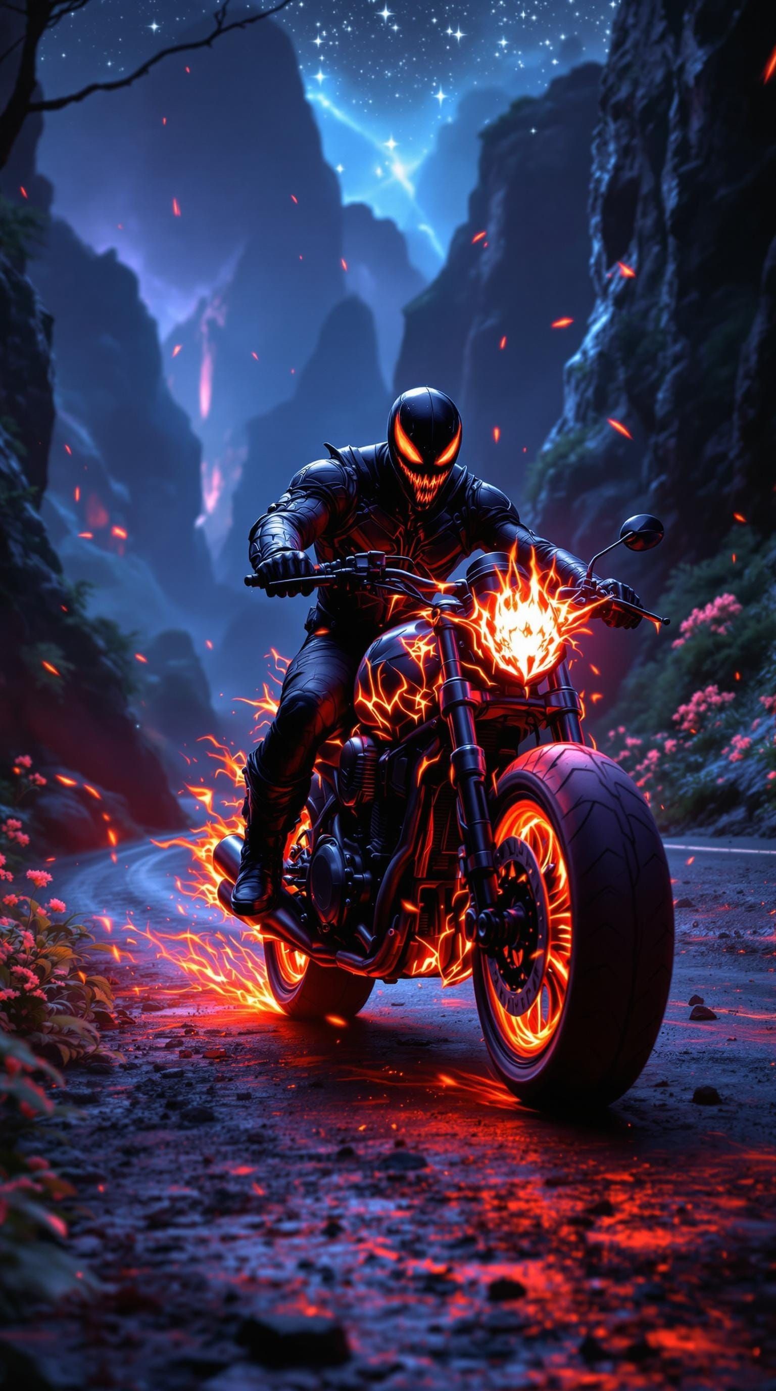 Dark Fantasy Biker Cruises Fiery Motorcycle on Mystic Mounta...
