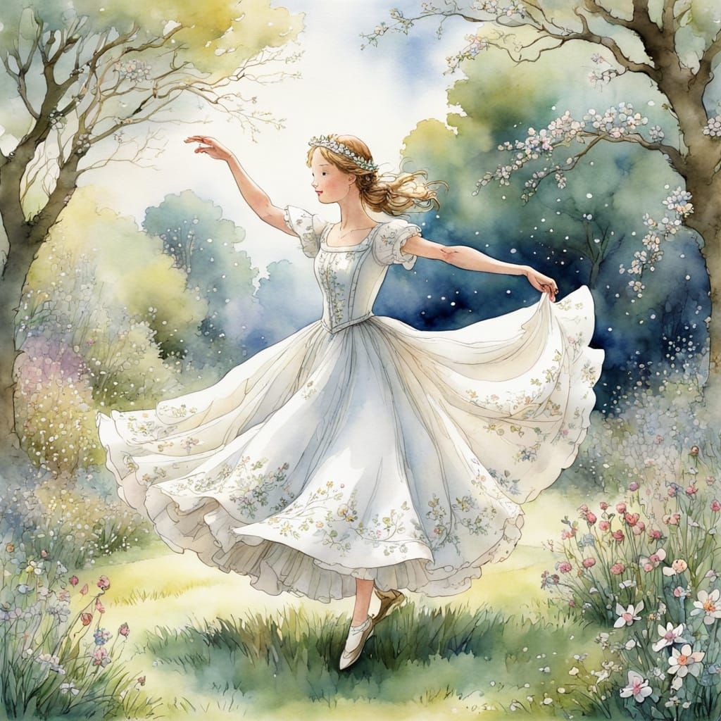 Girl Dancing in Spring Garden Watercolor