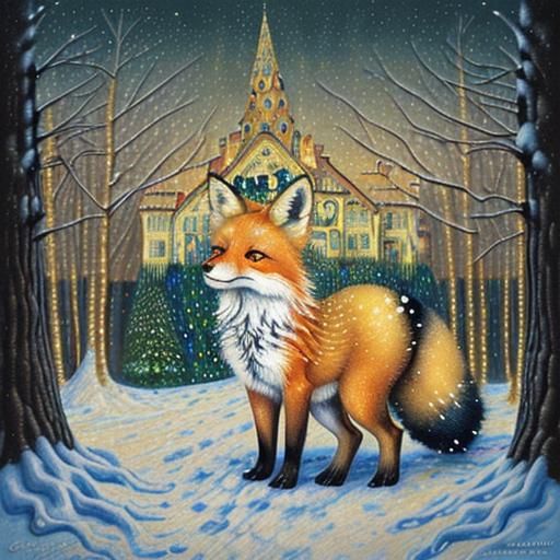 Fox in Snowy Park, Klimt-Inspired Illustration