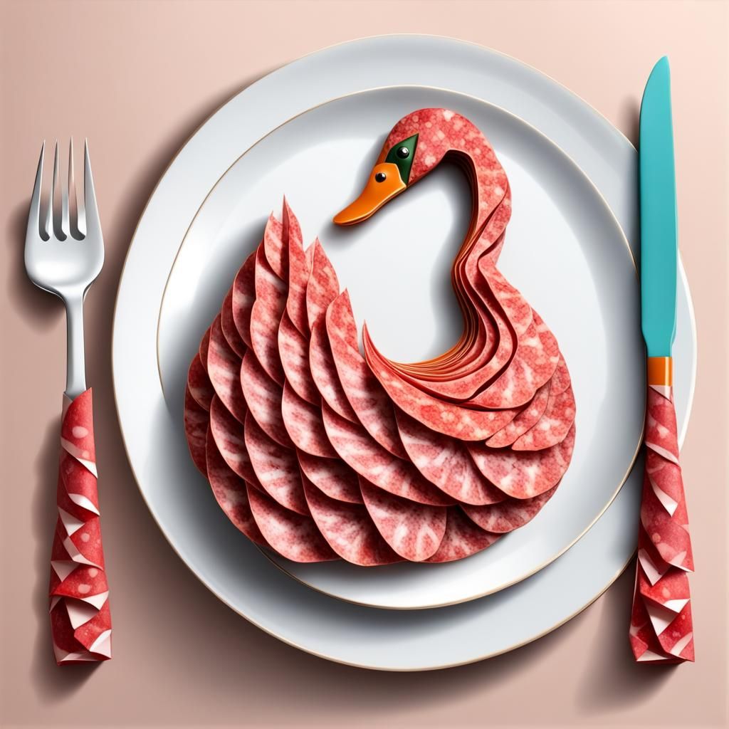 Salami Origami - A swan made of folded lunchmeat.  Or maybe it is just paper made to look like lunchmeat?  Hard to say.