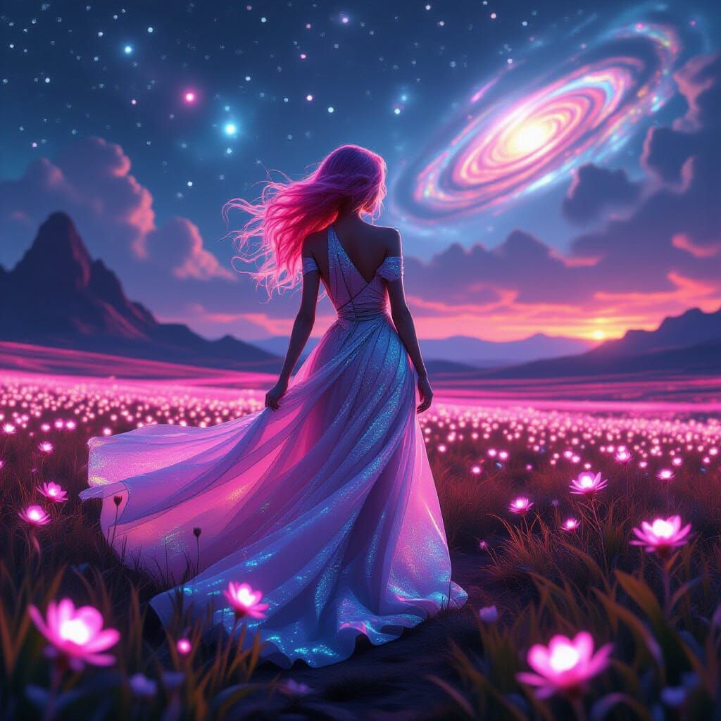 Woman with Bioluminescent Flowers on Alien Planet