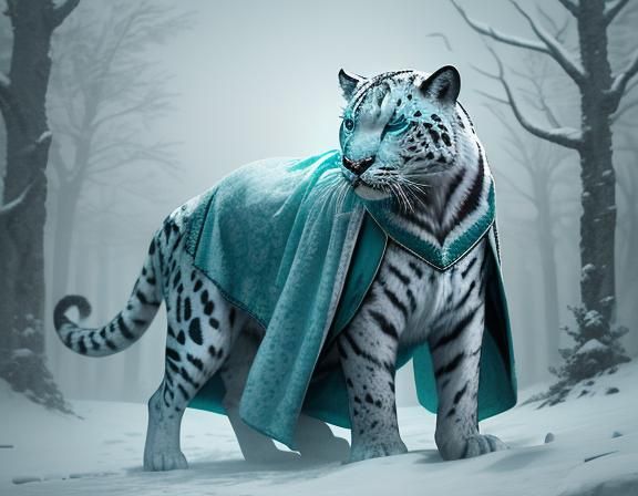 Hyperrealistic Snow Panther Folk in Teal Cloak