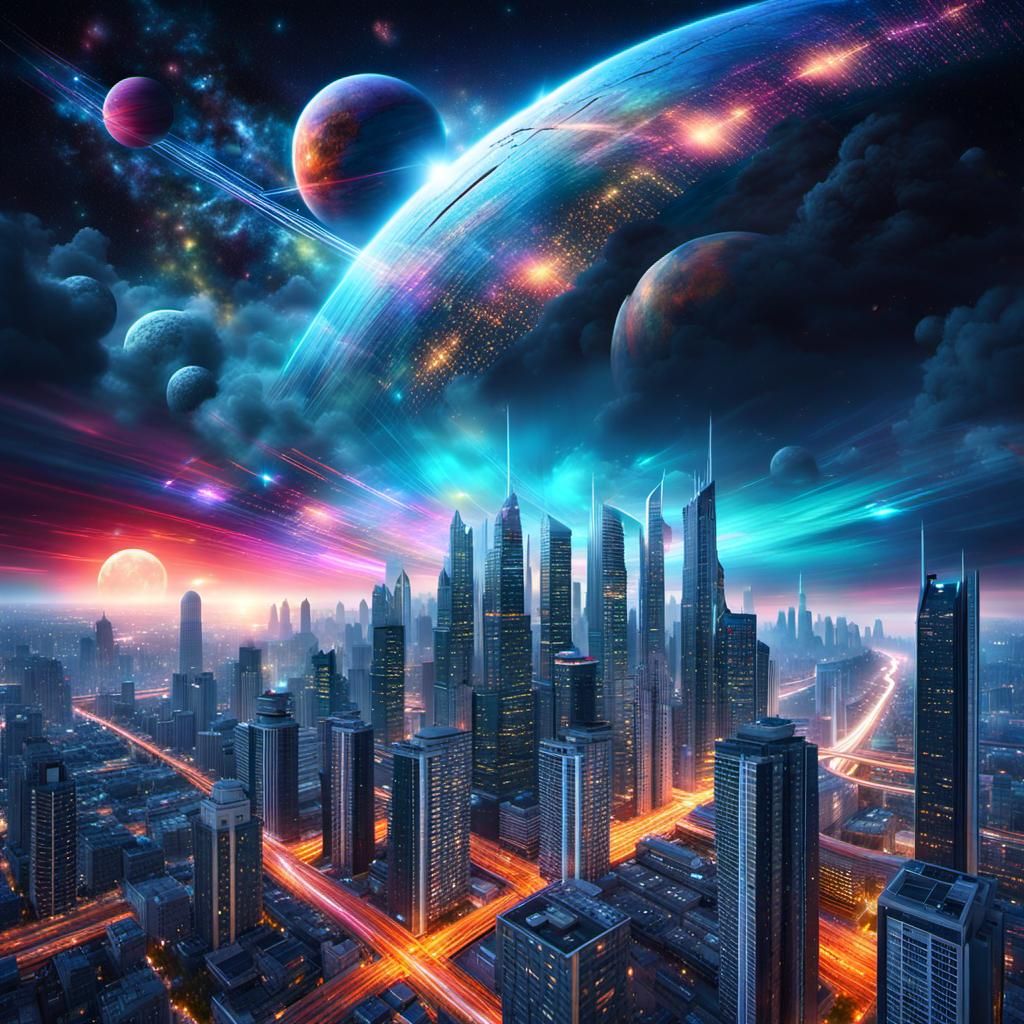 Moonrise Over Glowing Metropolis: A Cosmic Fantasy