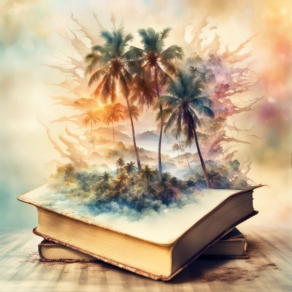 Tropical Island Books in Watercolor Style