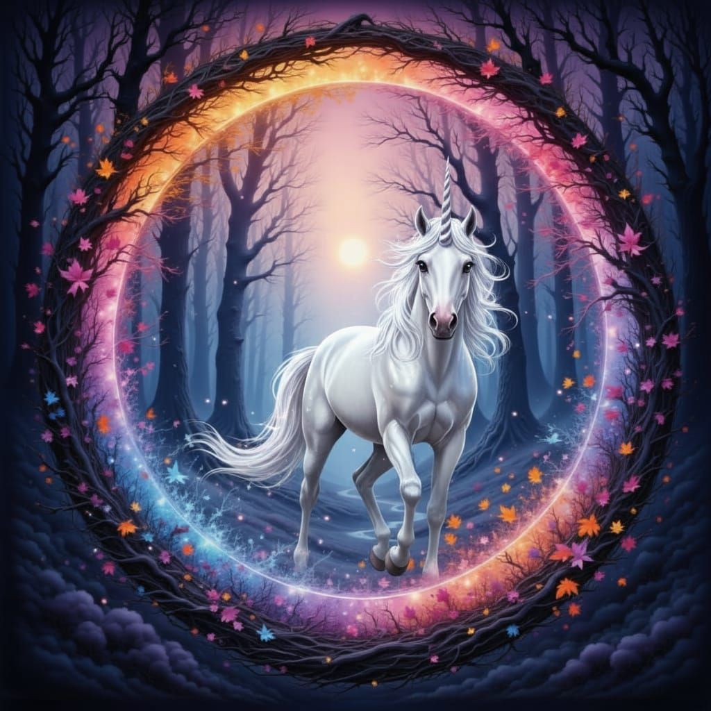 Mystical Twilight Portal with Drifting Autumn Leaves