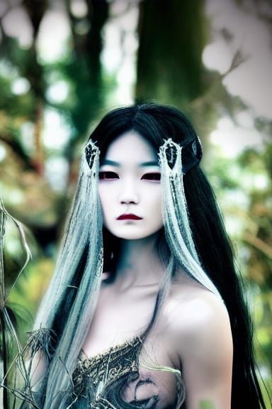 Ethereal Asian Goddess of Death in Mythical Landscape