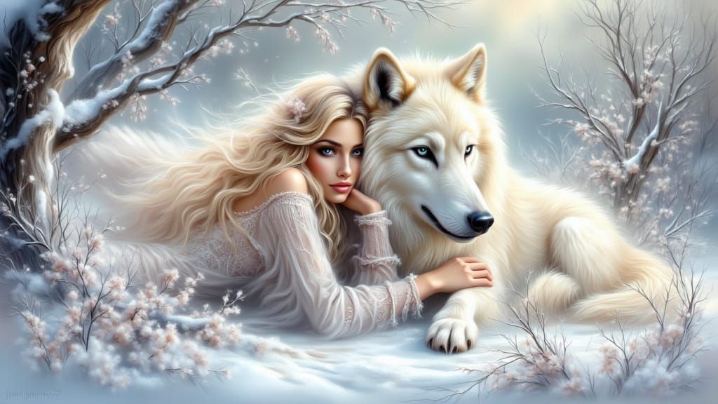 Winter Fairy Nymph with Dire Wolf in Magical Forest