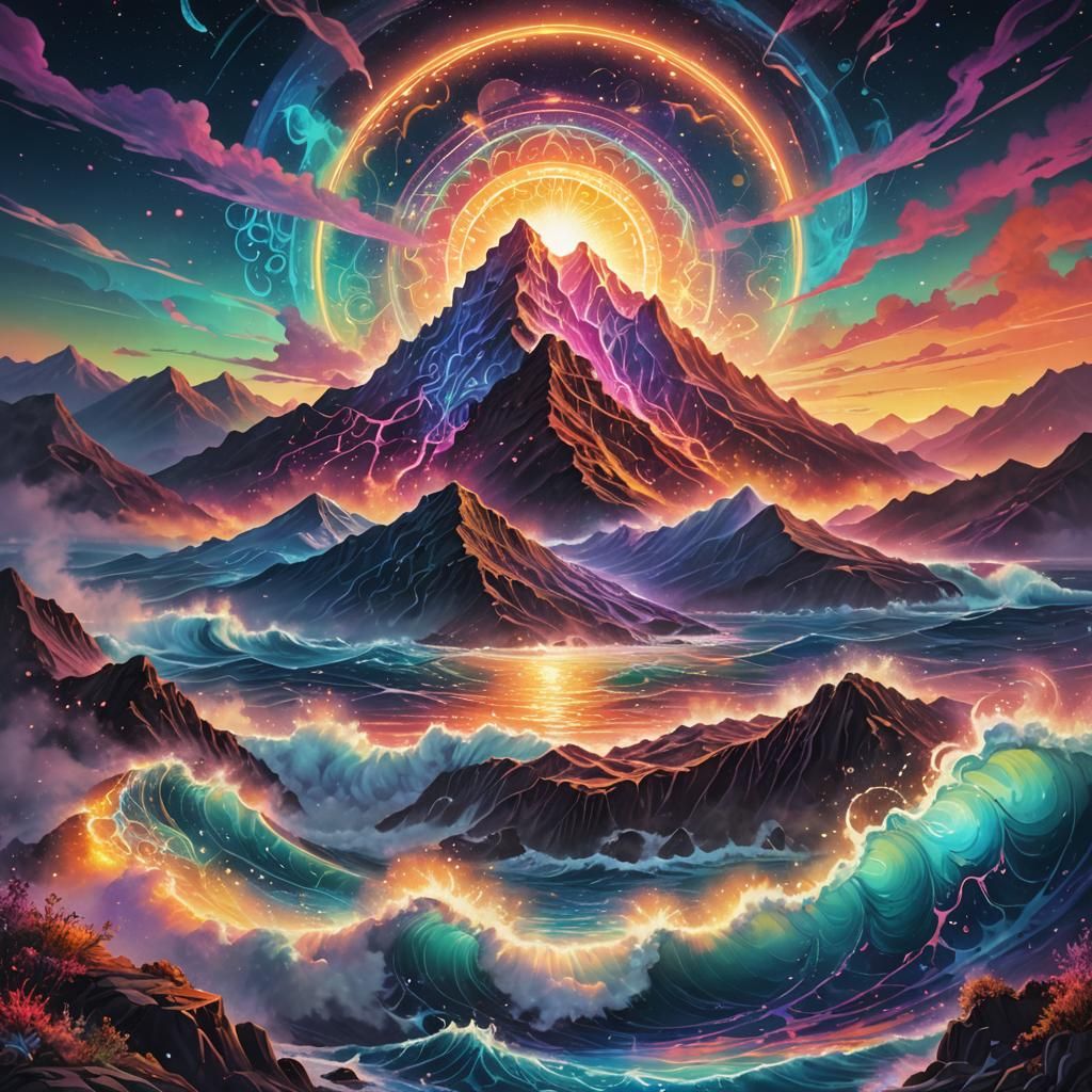 Cosmic Ocean and Mountain Landscape in Mixed Media Style