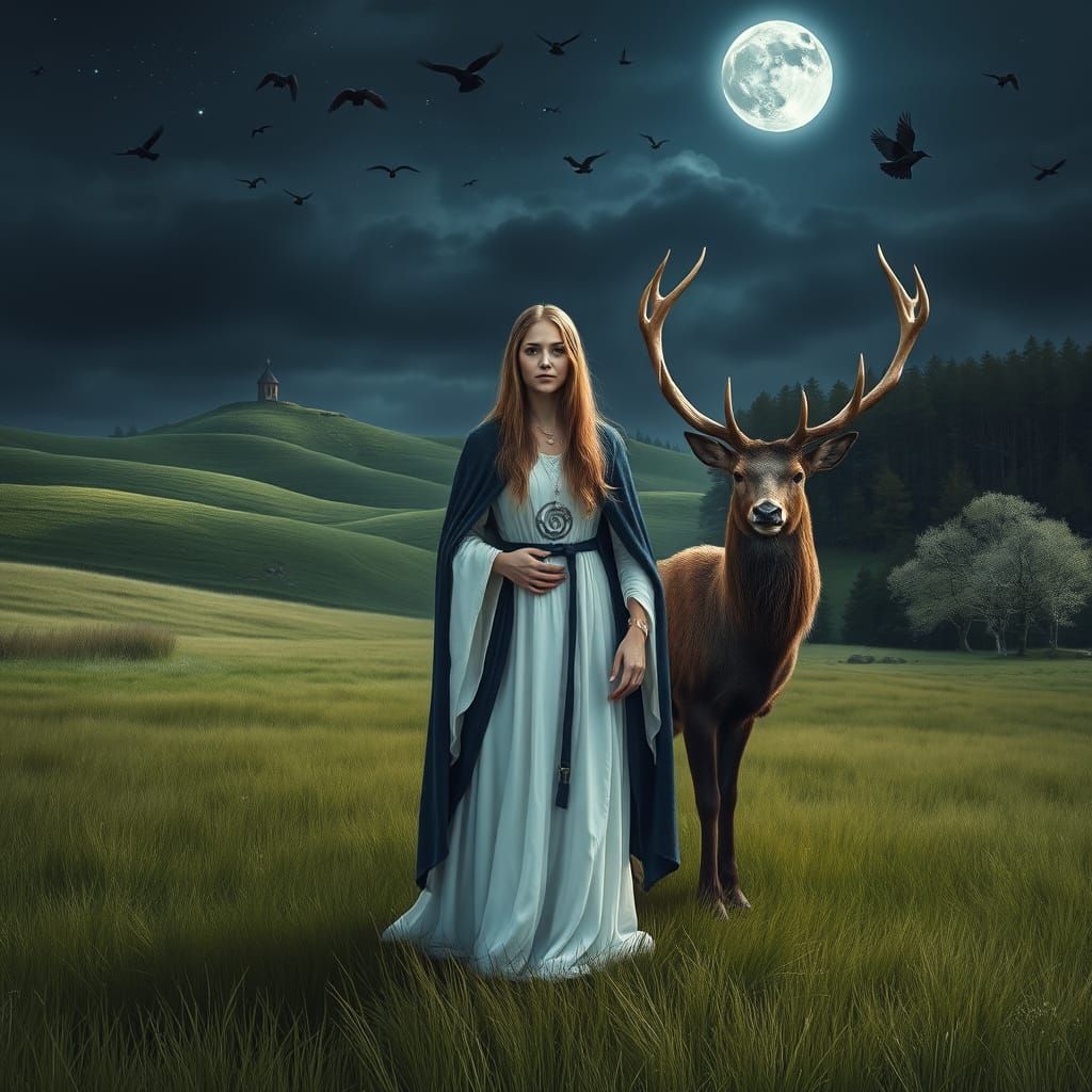 Celtic Priestess and Stag in Moonlit Meadow