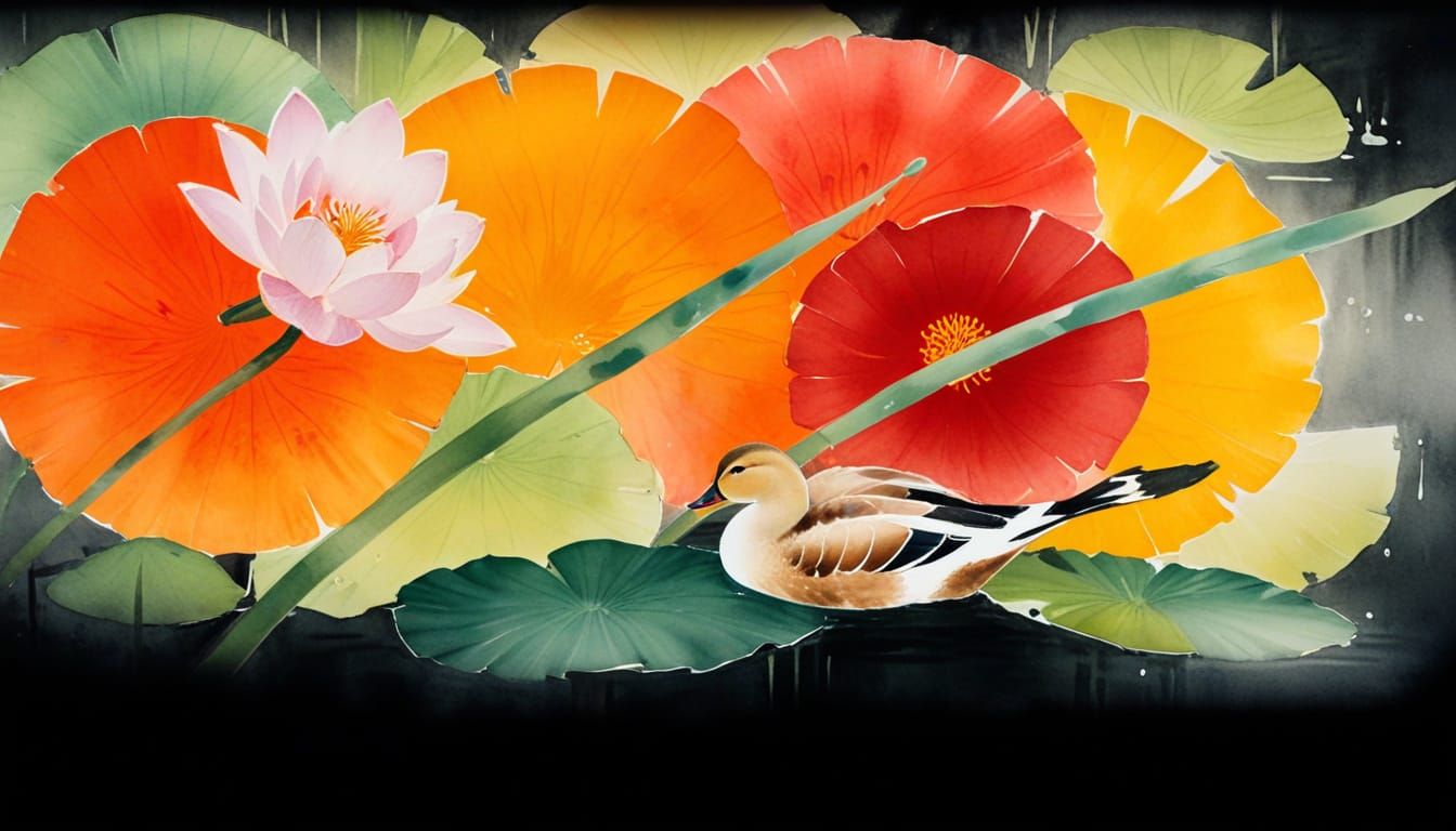 Mother Duck on Pond in Chinese Ink Wash Style