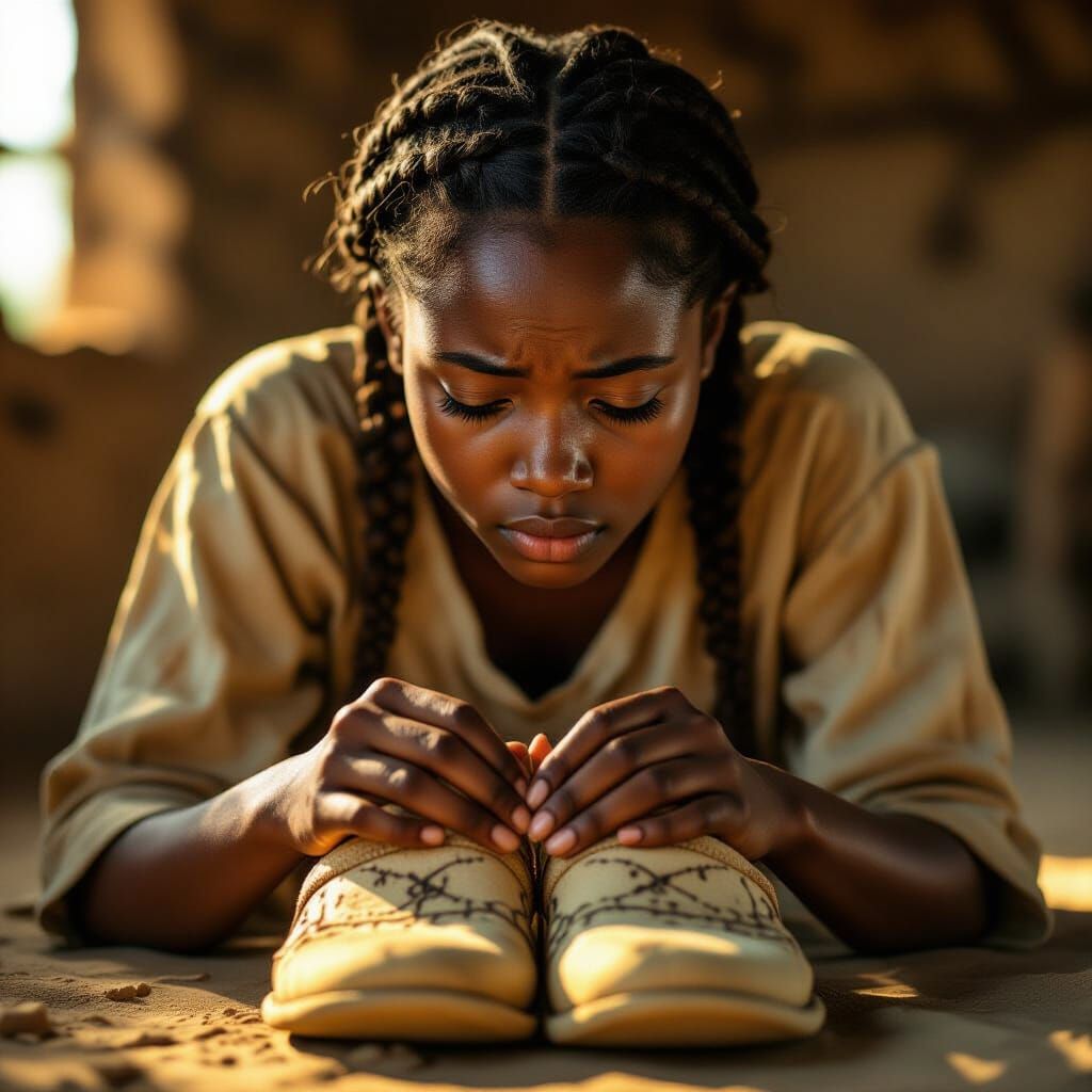 Young African Woman Gazes at Cracked Slippers in Golden Ligh...