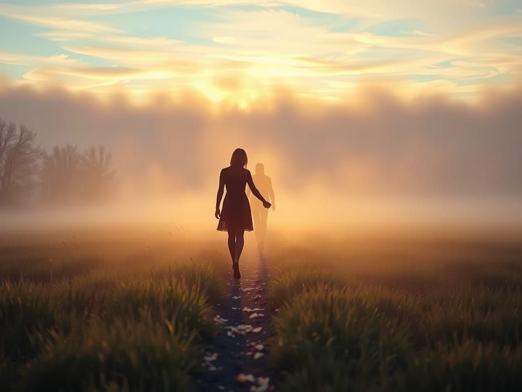 Soft Dawn Landscape with Silhouetted Lovers in Ethereal Ligh...