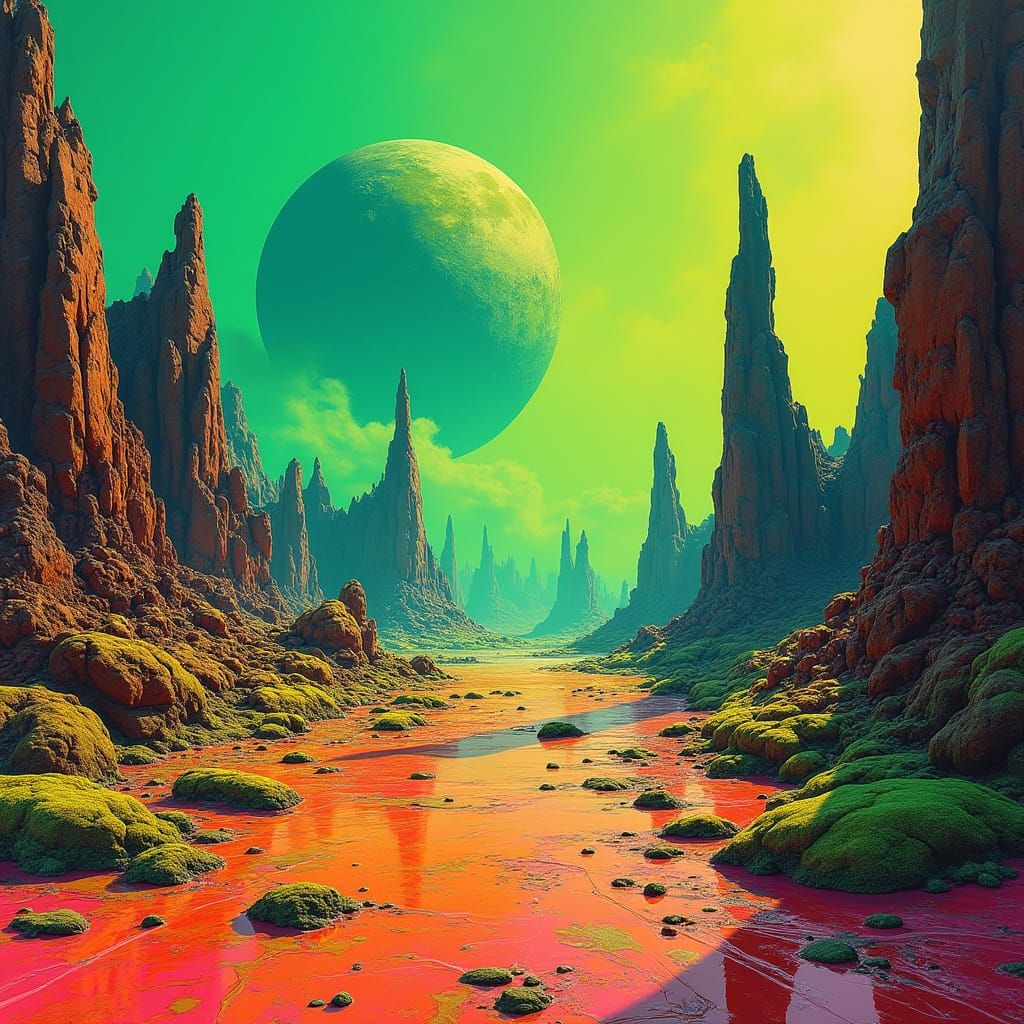Alien Landscape with Neon Hues and Graffiti