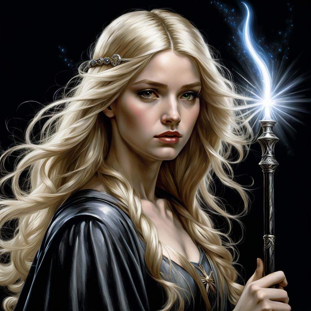 Girl Wizard with Wand in Chiaroscuro Style