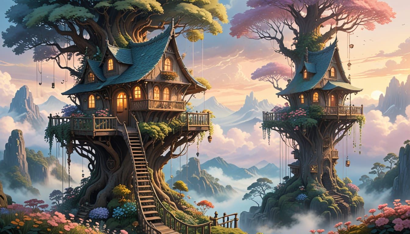 Enchanted Treehouses Soar Above Clouds in Dreamy Whimsy