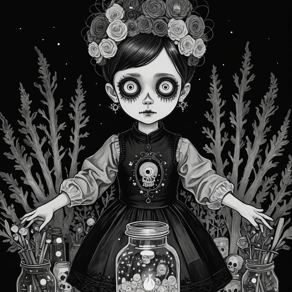 Chibi Goth Dreams in Starry Night Style