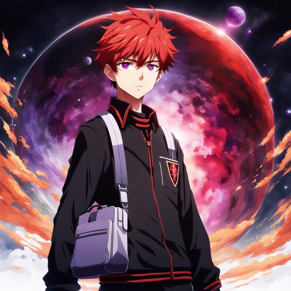 Anime Student in Space with Scarlet Hair