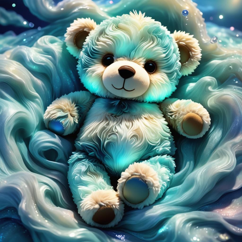 Teddy Bear in Iridescent Bed: Fantasy Illustration