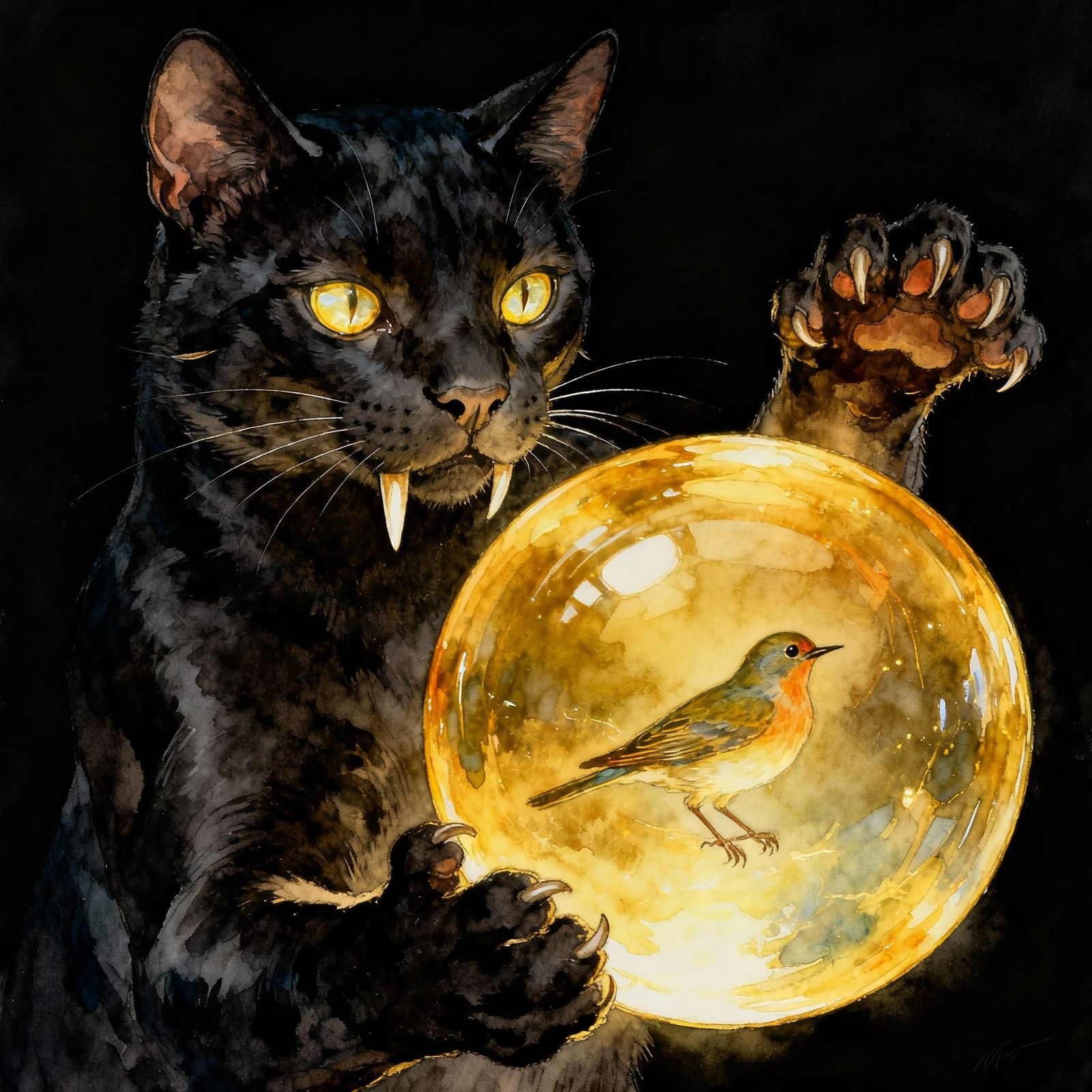 Mystical Sabre-Toothed Cat Plays with Golden Ball Watercolou...