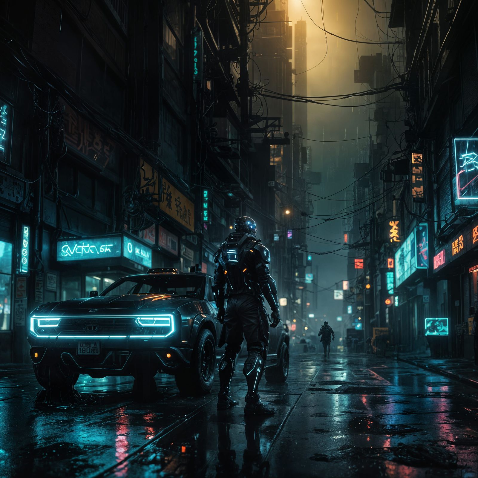 Cyborg in Rainy Cyberpunk Street Scene