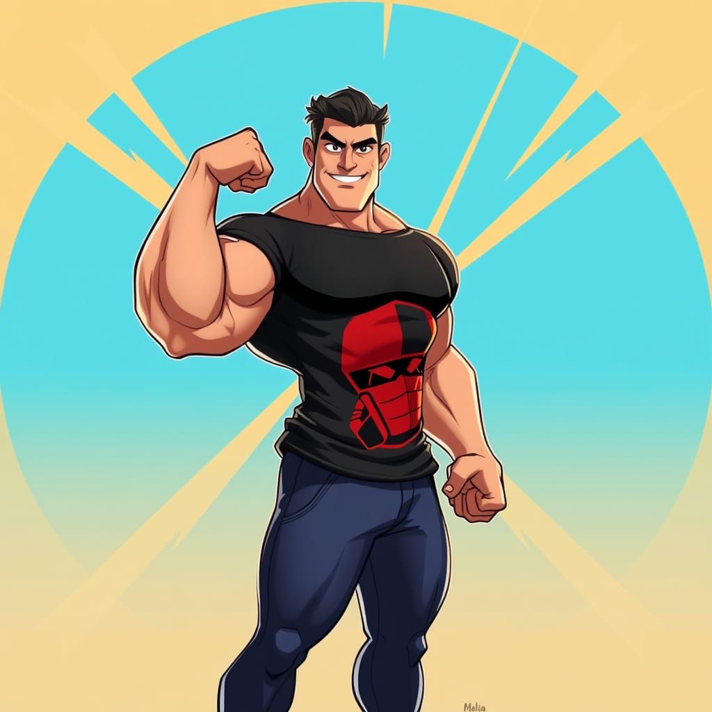 Vibrant 3D Bodybuilder in Bold Cartoon T-Shirt