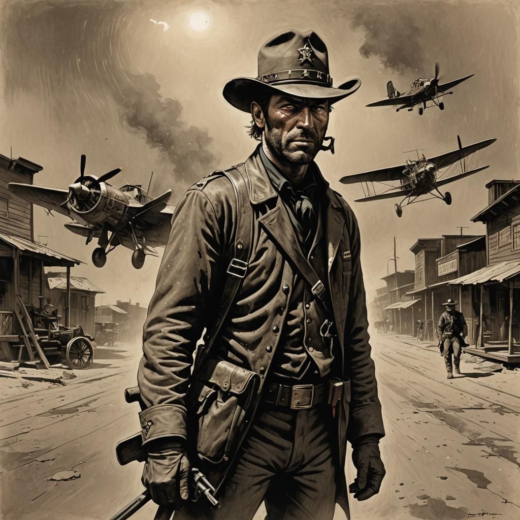 Pilot Lands in Wild West Town: Comic Noir Art