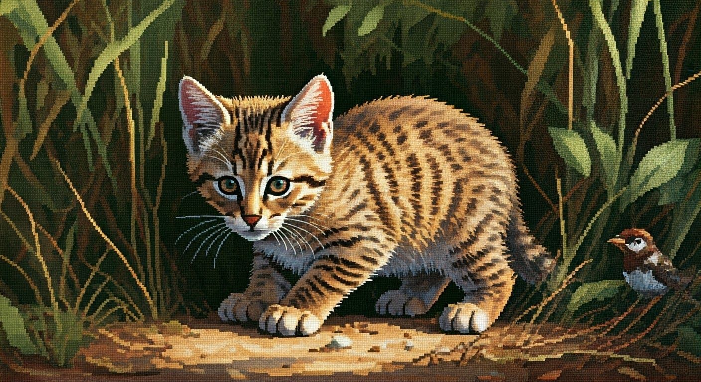 African Wild Cat Kitten Stalking Prey in South African Bush