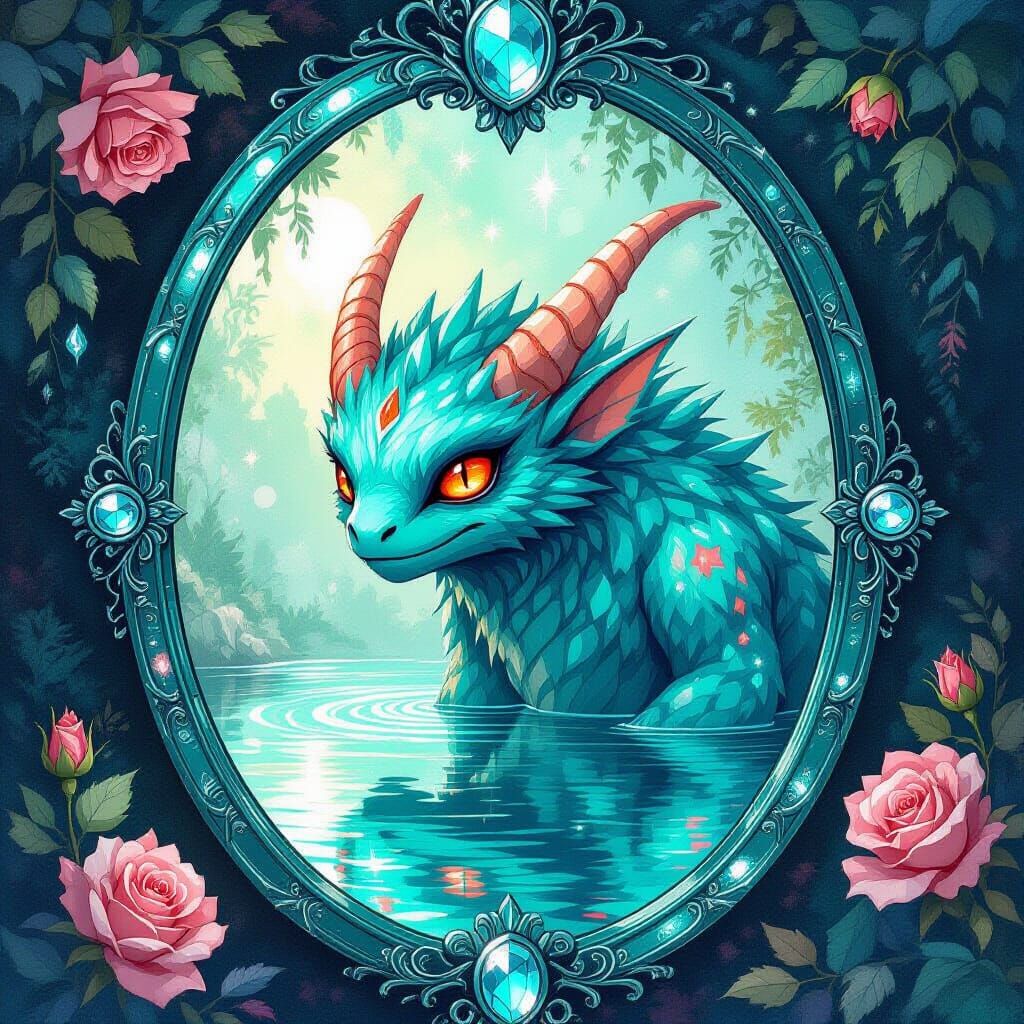 Fantasy Monster Reflected in Magic Mirror Gouache Painting