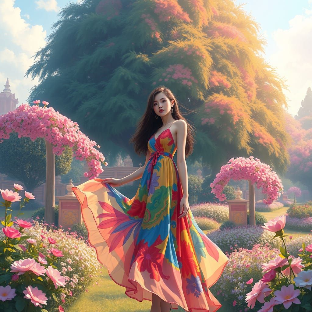 Dreamlike Garden Portrait in Playful Surreal Style