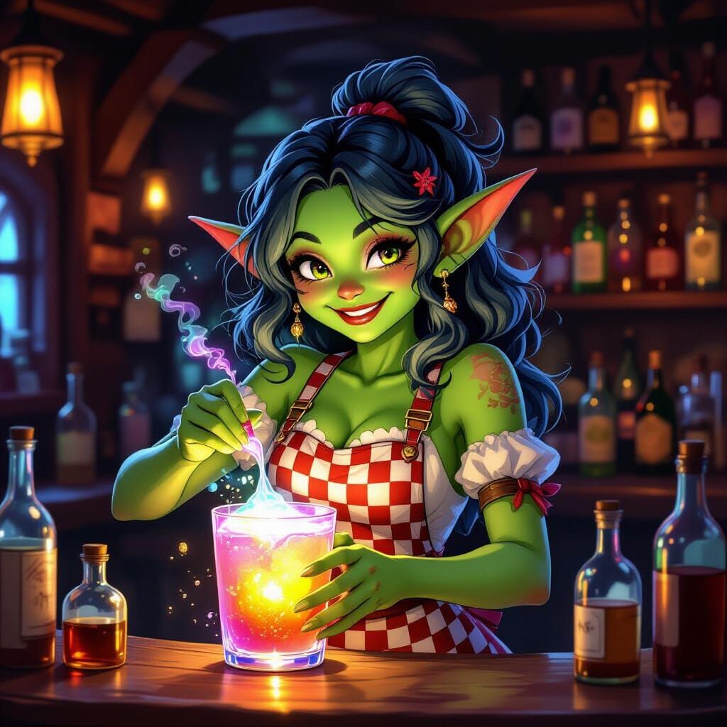 Goblin Bartender Mixes Glowing Drink in Cozy Tavern