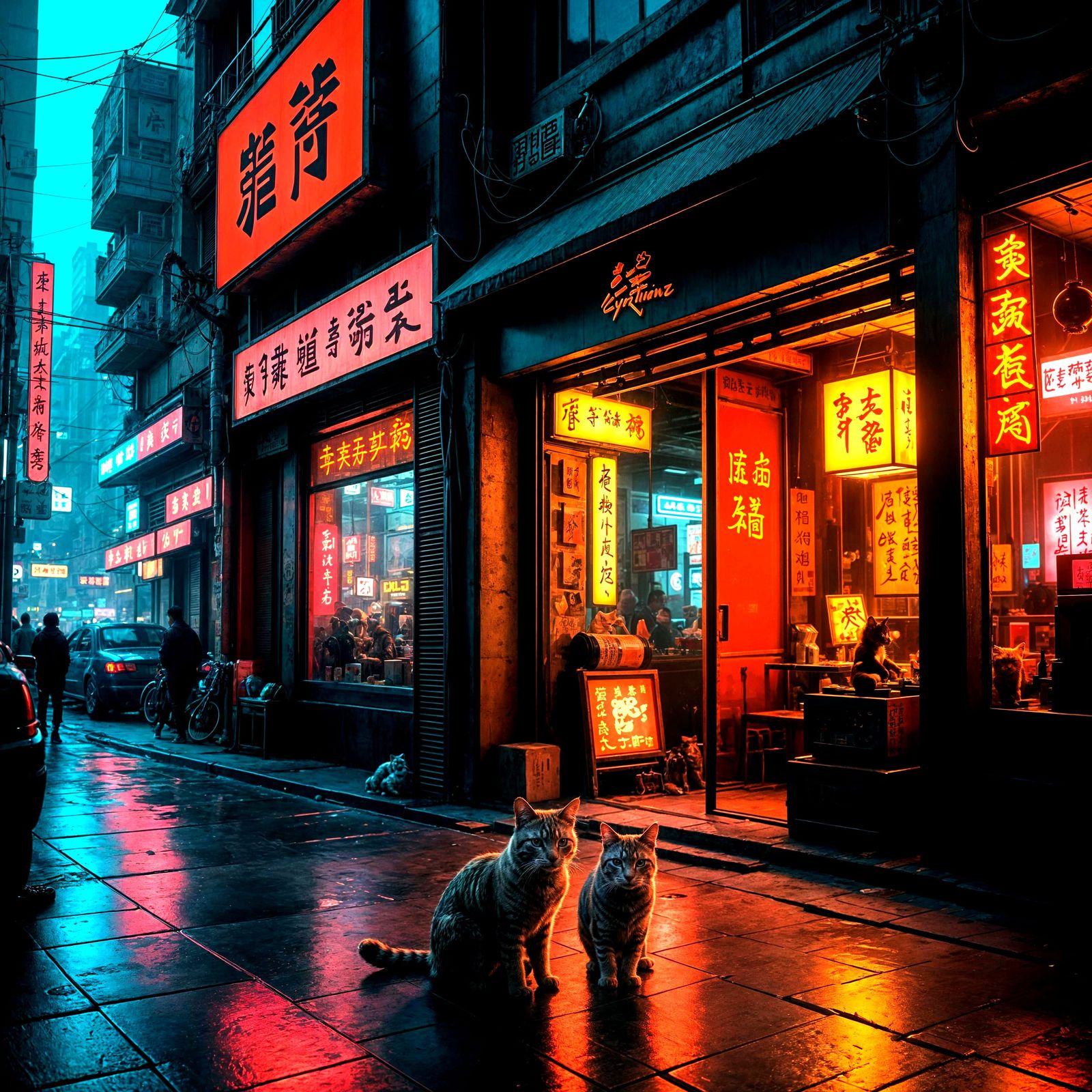 Golden Lucky Cat in Cyberpunk Hong Kong