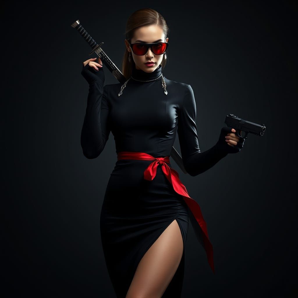 Gothic Assassin in High-Collared Black Dress with Pistols an...
