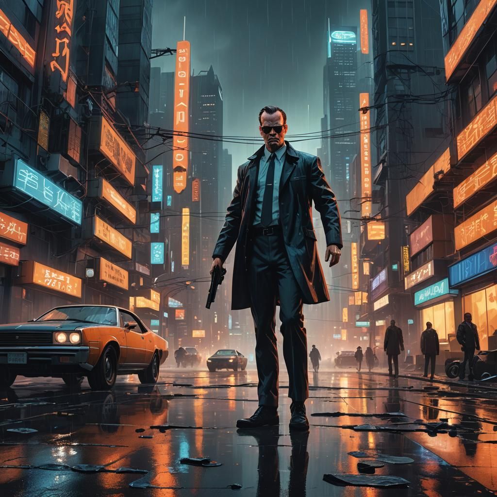 Cyberpunk City Fight Scene in Dark Sci-Fi Style