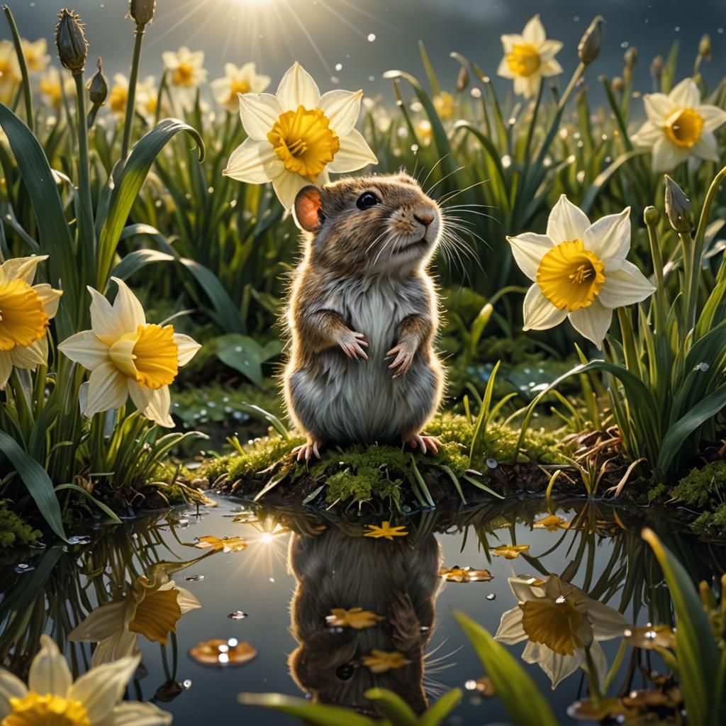 Vole and Daffodil in Hyperrealistic Macro Photograph