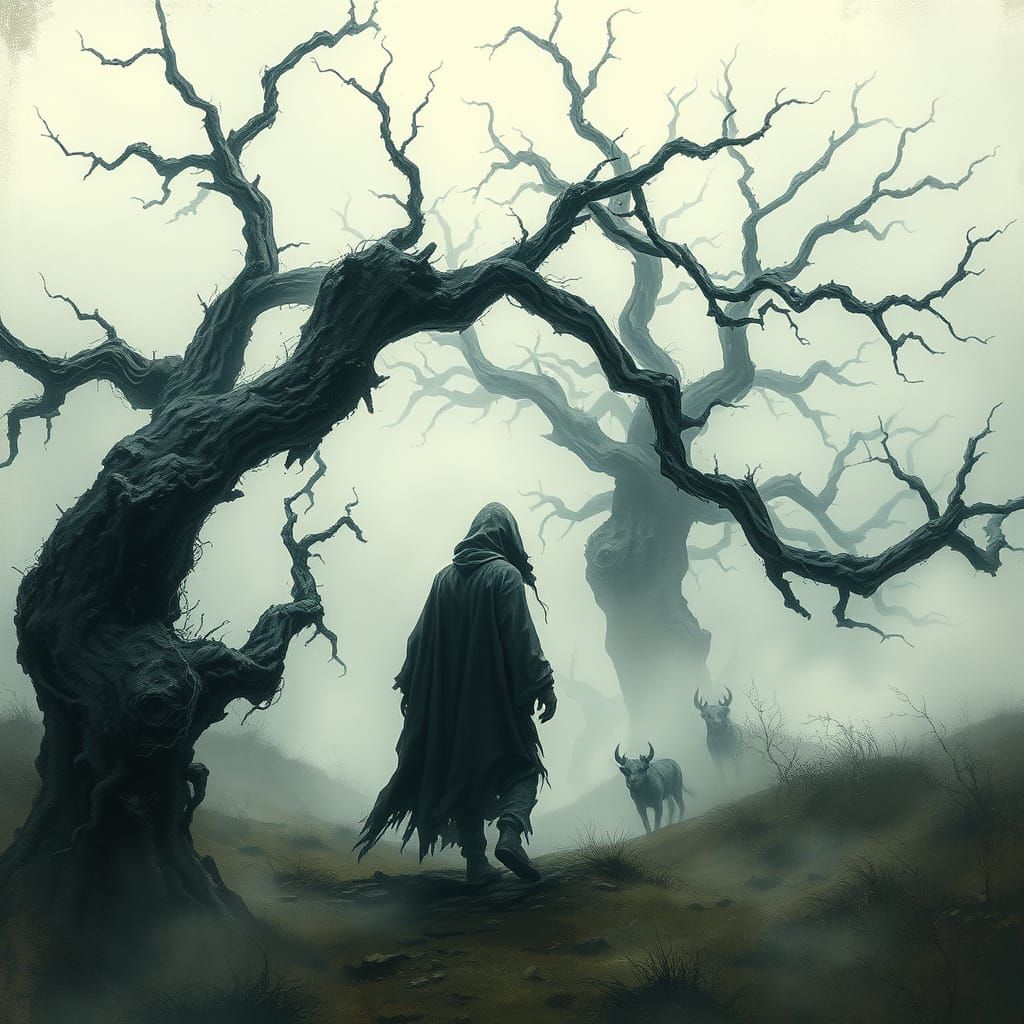 Spectral Wanderer in Dark Fantasy Moorland