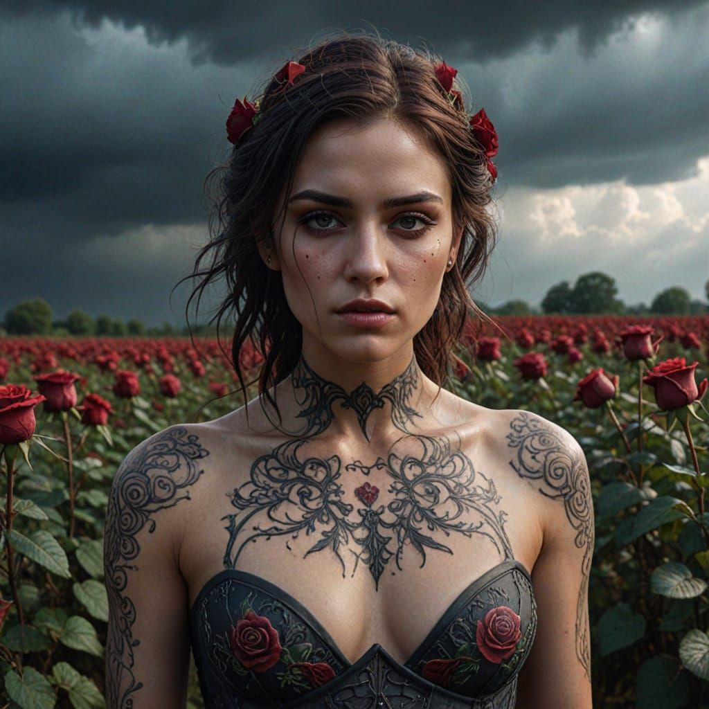 Ethereal Woman with Dark Tattoos in Wilting Rose Field