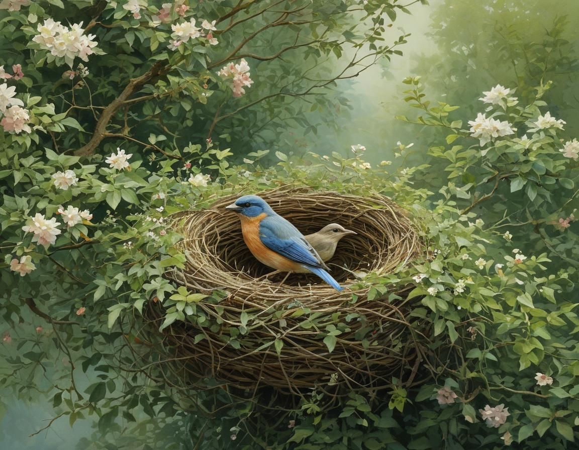 Bird on Nest in Flowering Hedge: Detailed Art