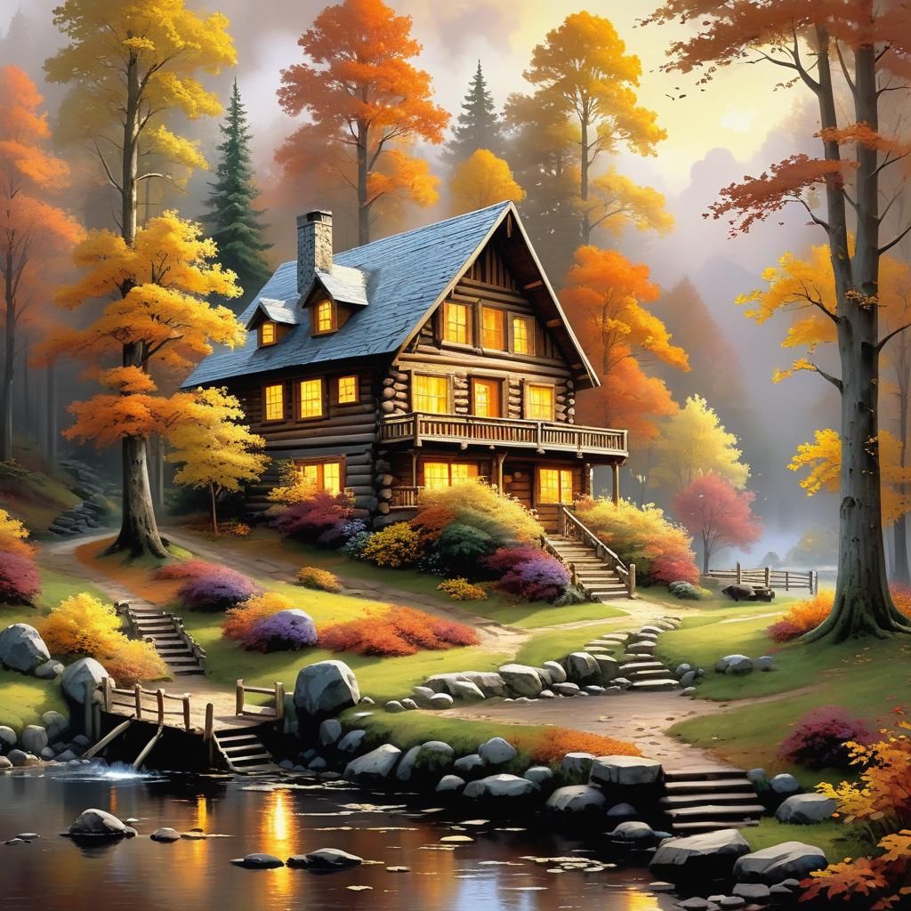 Autumn Log Cabin Scene in Hyperdetailed Style