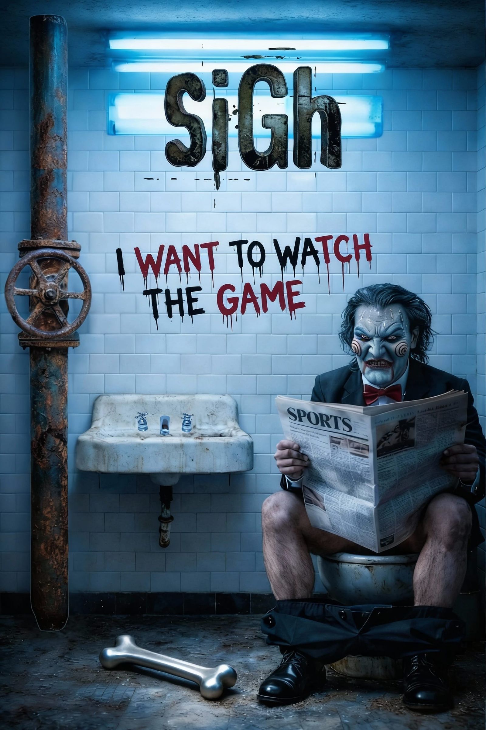 Corroded Steel Pipe and Clown Under Fluorescent Light