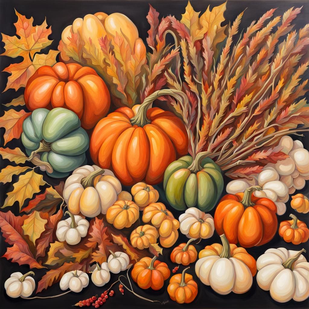 Detailed Gouache Painting of Fall Harvest