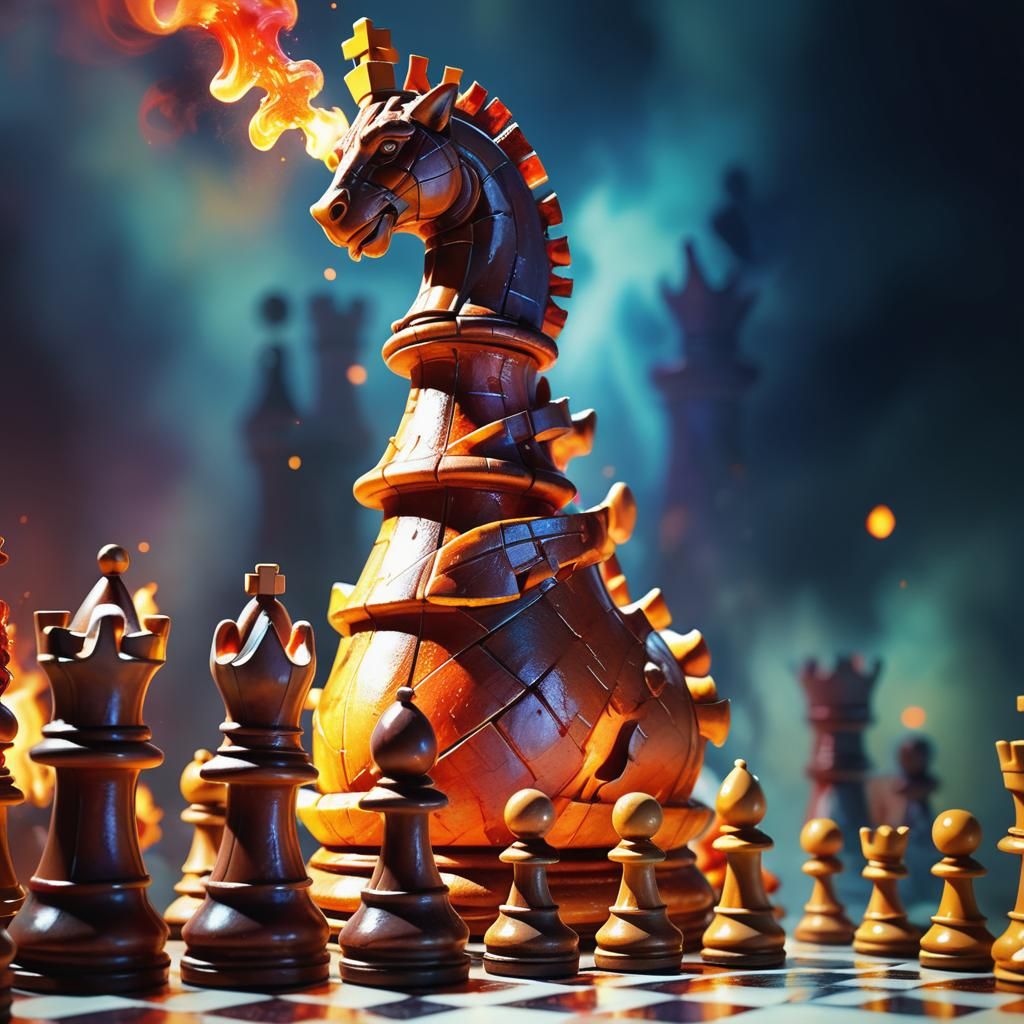 Fiery Chess Pieces in Whimsical Watercolor Realm