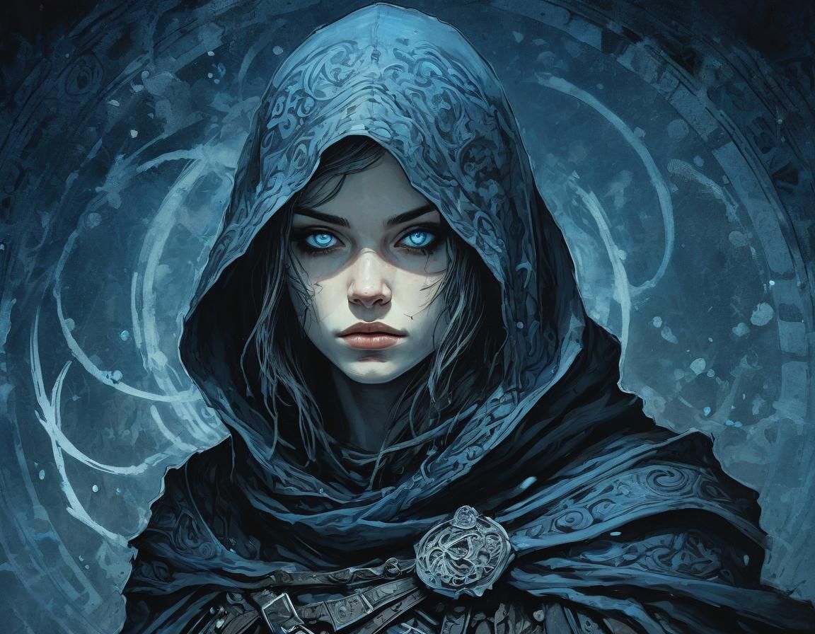 Mystical Assassin in Dark Fantasy Landscape - Ink Painting w...