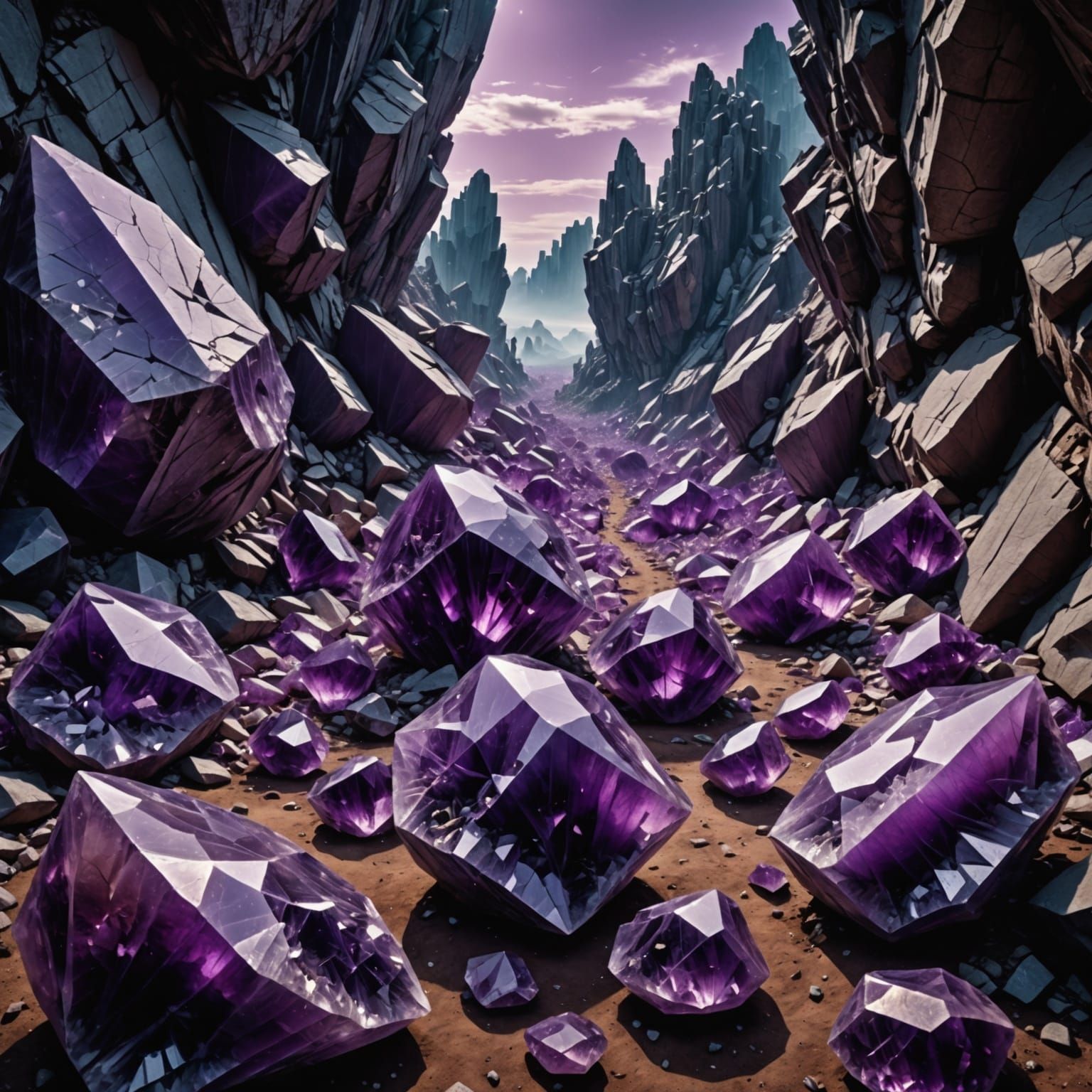 Surreal Amethyst Crystal Landscape in Hyperrealistic Style