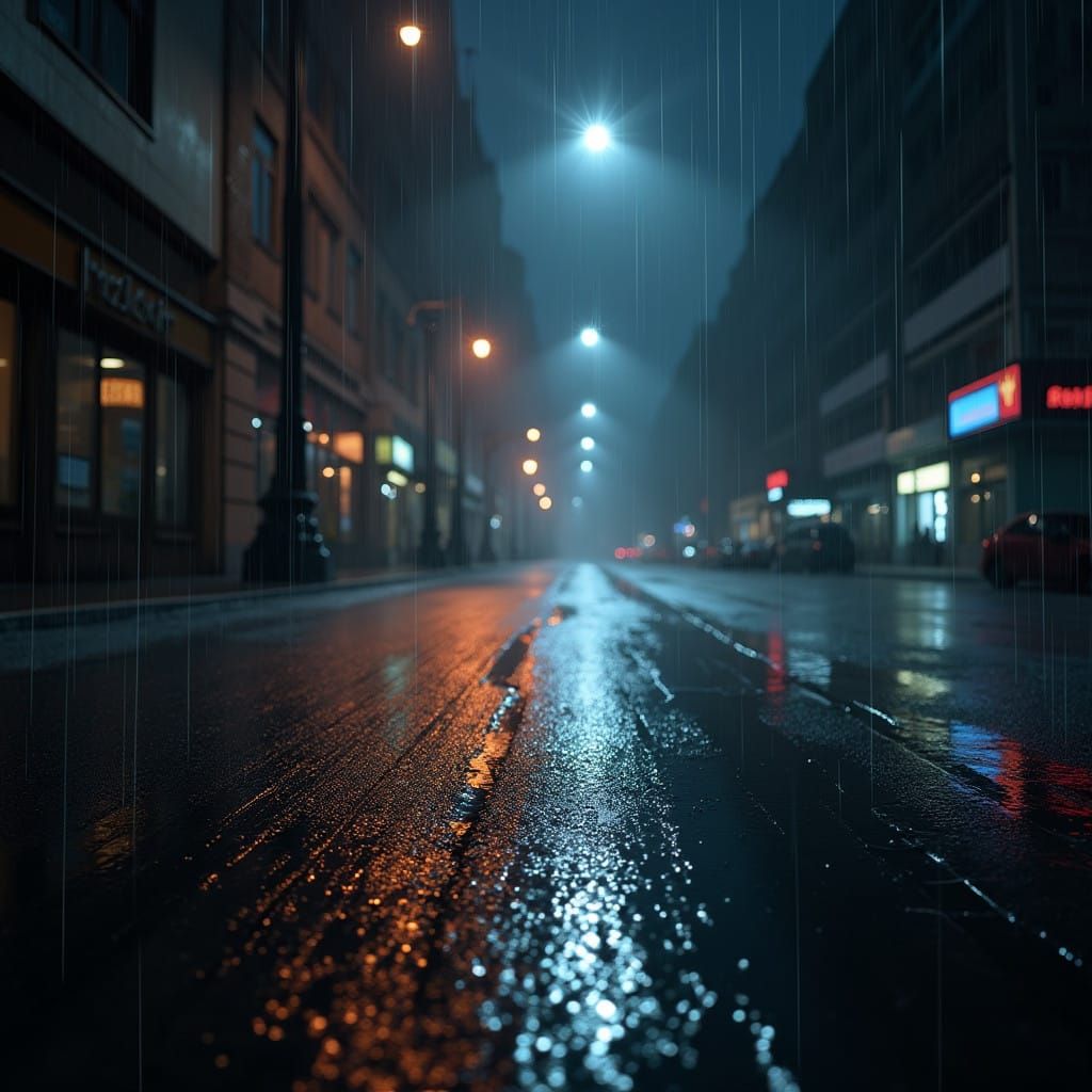 Dramatic Urban Night Scene with Heavy Rainfall Illuminated b...