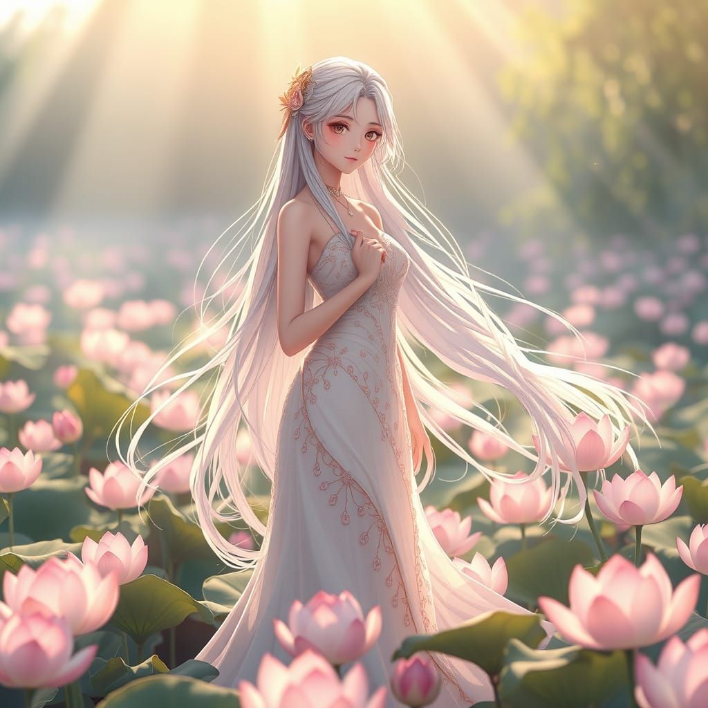 : Picture a serene anime scene depicting a young woman with long flowing silver hair, dressed in an elegant gown woven f...