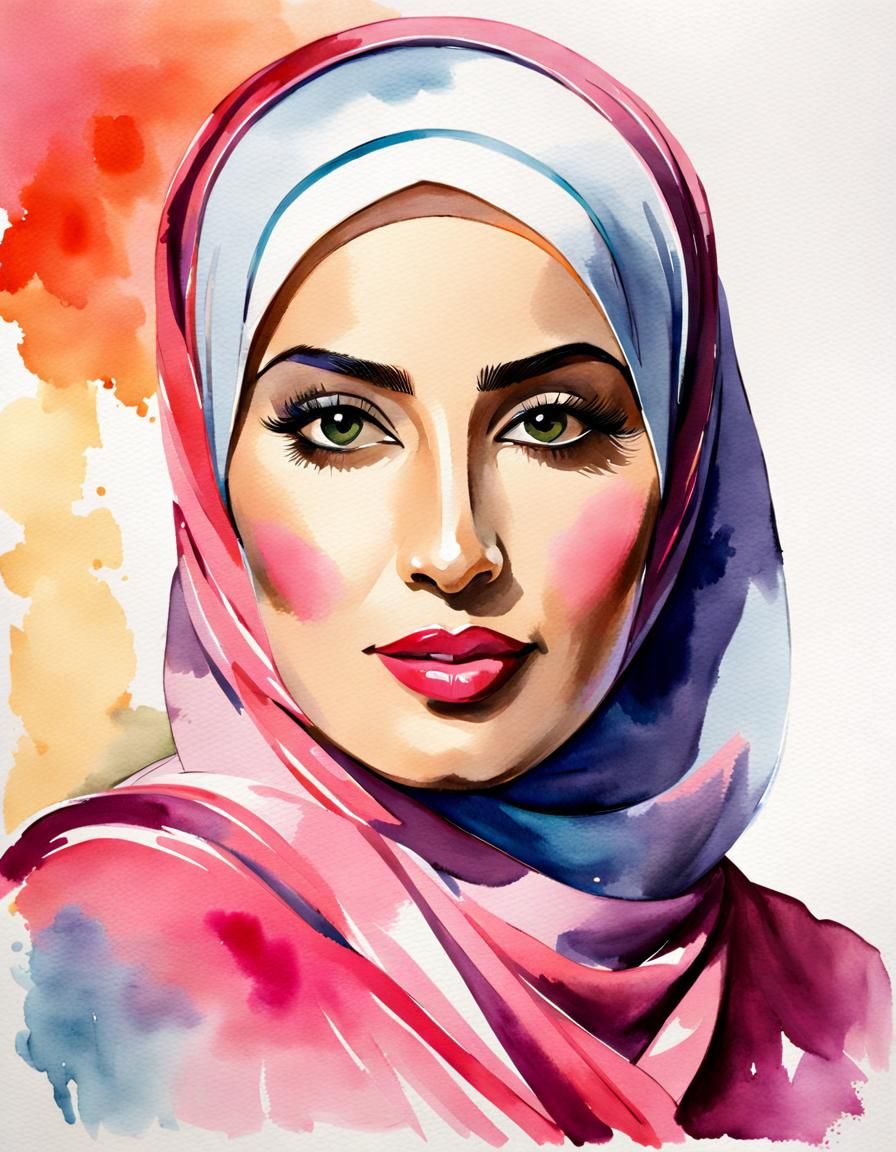Beautiful Hijabi Woman Portrait in Watercolor Style
