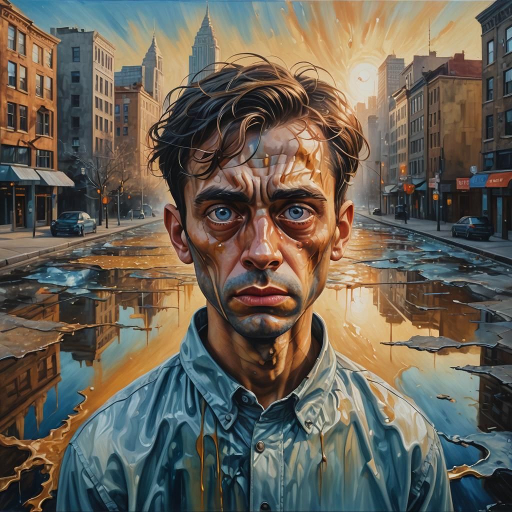 Anxious Portrait in Melting Cityscape: Surreal Oil Painting